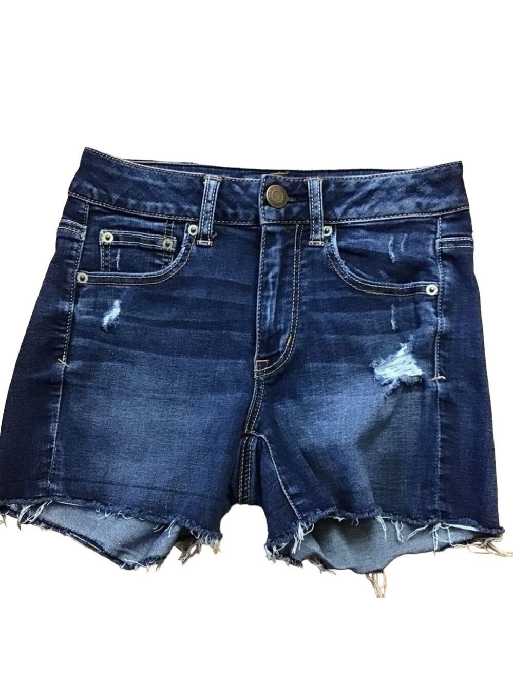 Aeo high-rise shortie distressed shorts size 2 stretchy ripped dark blue denim
